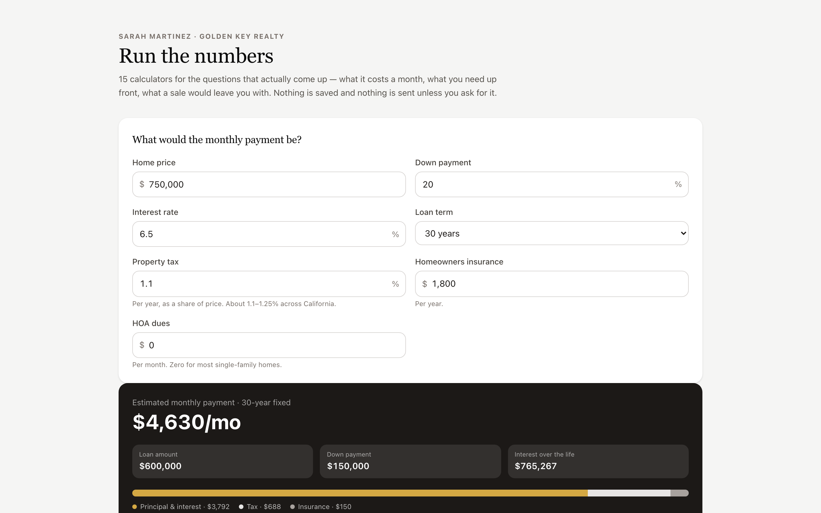 A branded client calculator working out a monthly payment