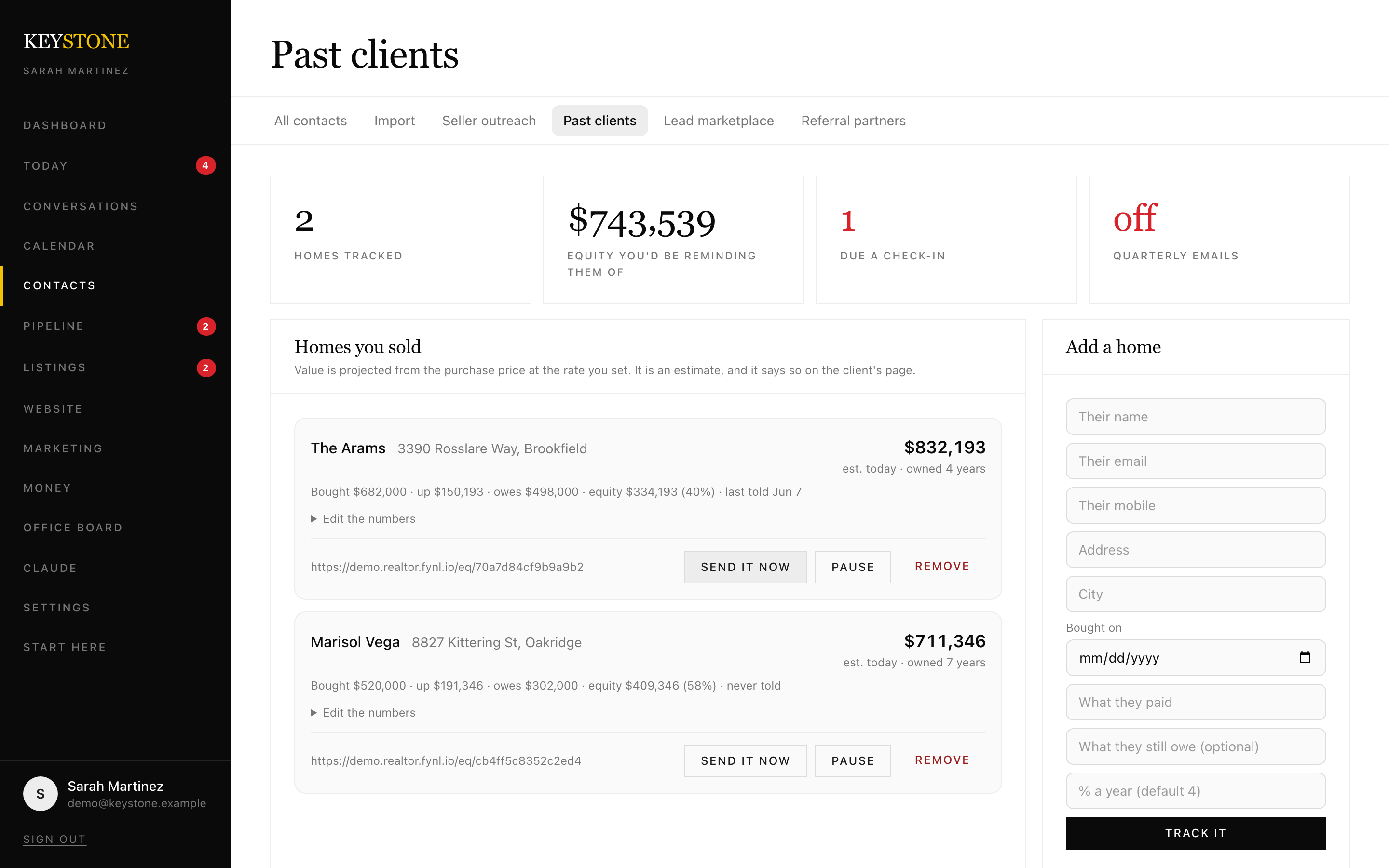 Past clients with projected home value and equity