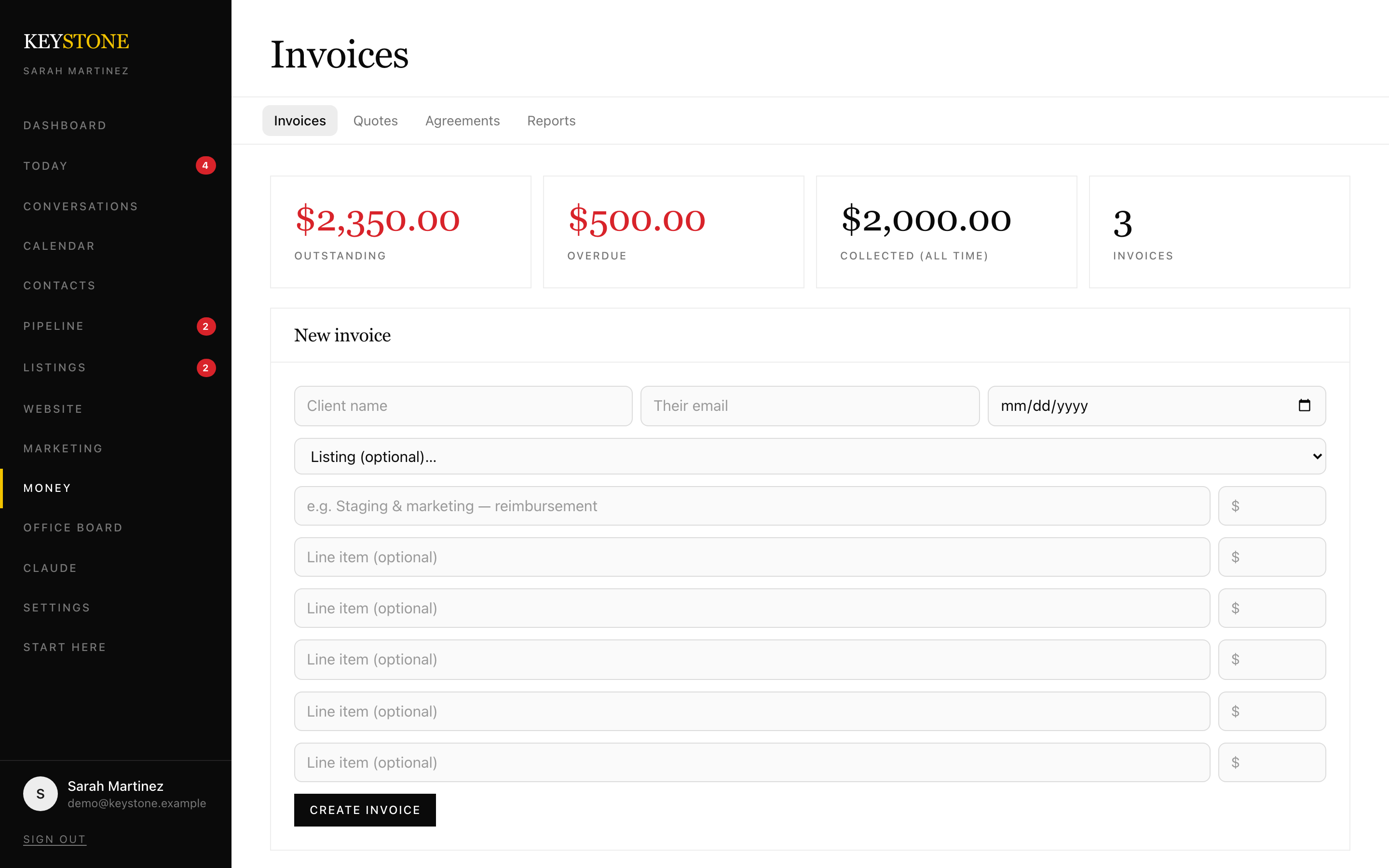Invoices with outstanding, overdue and collected totals