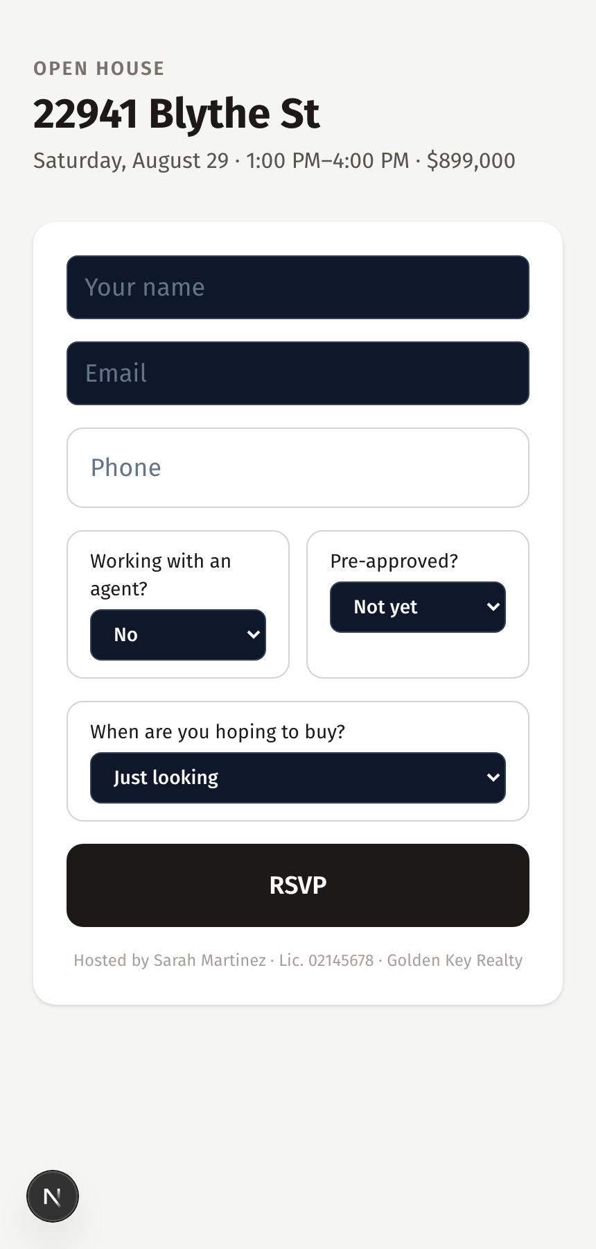 Open-house sign-in kiosk on a phone