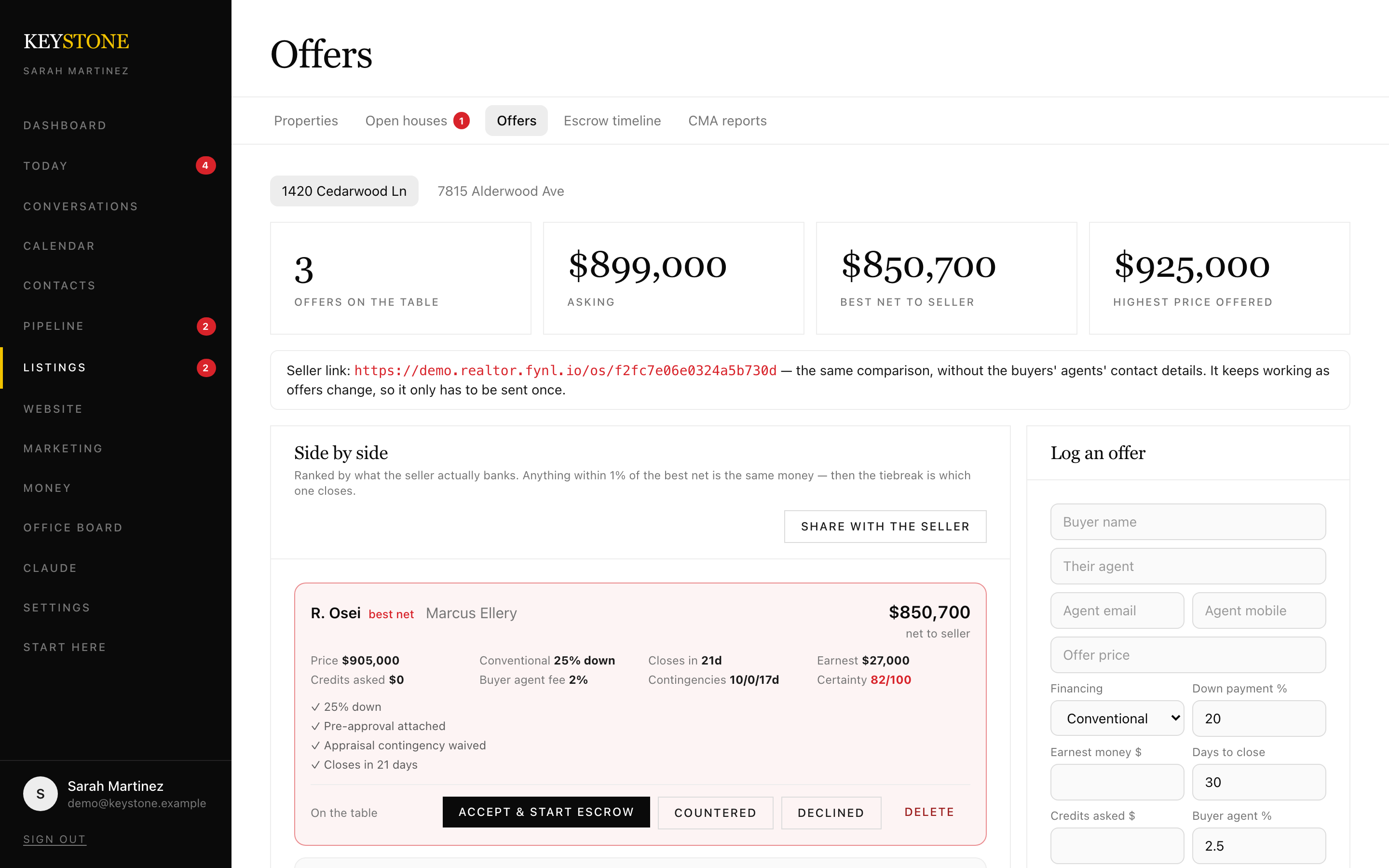 Offers compared by net to seller, with a certainty score