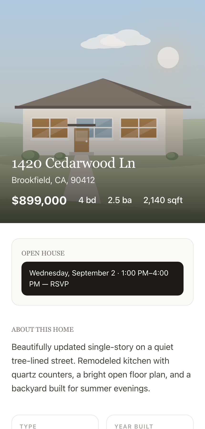 A single-property listing page on a phone