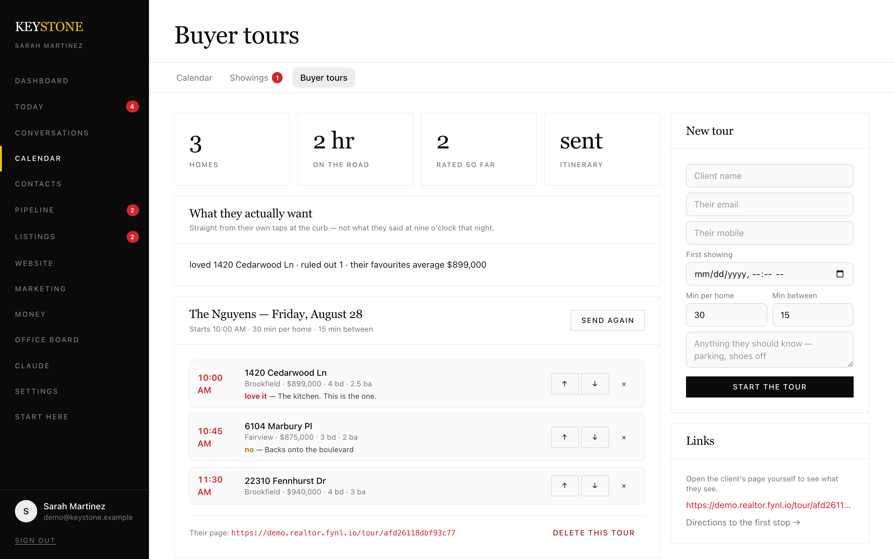 A timed buyer tour itinerary with the buyers' own ratings